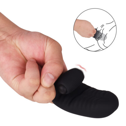 a black silicone finger vibrator designed for clitoral stimulation. The compact and ergonomic design allows for easy handling, with an inset image showing its application for enhanced pleasure. The vibrator's textured surface and powerful vibrations are ideal for intimate use, providing targeted stimulation.