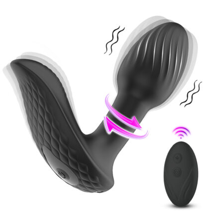 a black vibrating butt plug with a remote control. The device is shown to have a textured surface and is capable of vibrating and rotating, as indicated by the wavy lines and circular arrows around it. The remote control is depicted next to the butt plug, suggesting it can be operated wirelessly for ease of use.