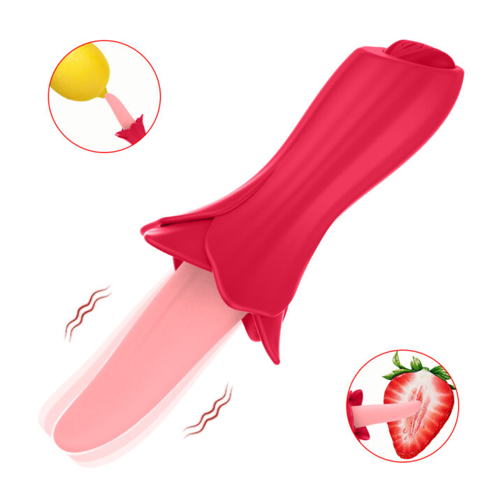 a red and pink silicone vibrator shaped like a flower bud. The device has a sleek, elongated design with a petal-like base, designed for intimate stimulation. The visual highlights show the device's vibration capabilities, and there are small insets depicting the toy being used with fruit, emphasizing its versatility and appeal.