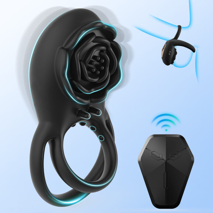 a black vibrating cock ring with a rose-shaped clitoral stimulator. The device has a sleek design and includes dual rings for enhanced support and pleasure. It comes with a wireless remote control for easy operation. An inset shows how the device is worn, highlighting its functionality and the additional excitement it brings to intimate activities.