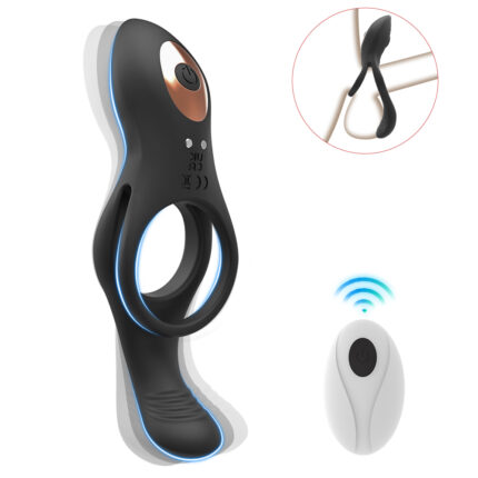 a black vibrating cock ring with a sleek, ergonomic design for enhanced pleasure. The device includes dual rings for added support and a clitoral stimulator at the top. It comes with a wireless remote control for convenient operation. An inset shows how the device is worn, highlighting its functionality and the additional excitement it brings to intimate activities.