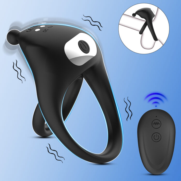 a black vibrating cock ring with a unique ergonomic design for enhanced pleasure. The device includes dual rings for added support and a clitoral stimulator at the top. It comes with a wireless remote control for easy operation. An inset shows how the device is worn, highlighting its functionality and the additional excitement it brings to intimate activities.