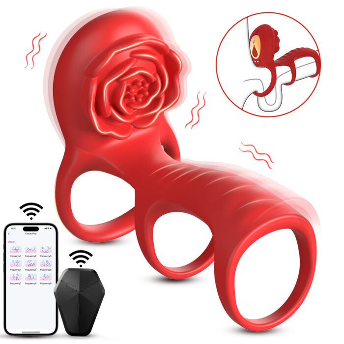 a red vibrating cock ring designed with a rose-shaped clitoral stimulator. The device includes dual rings for enhanced support and pleasure, and it can be controlled via a smartphone app or a wireless remote. An inset shows how the device is worn, illustrating its functionality and the added excitement it brings to intimate activities.