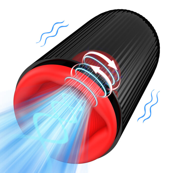 a black and red male masturbator with a textured inner sleeve and vibrating function. The device is designed for enhanced pleasure, featuring multiple vibration modes and a realistic feel. The illustration shows airflow and rotation arrows, highlighting the dynamic sensations it provides.