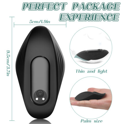 A sleek, black ergonomic female pleasure device with dimensions: 9.5 cm (3.7 inches) in height and 5 cm (1.9 inches) in width. It's described as thin and light, fitting comfortably in the palm of your hand for easy and discreet use,