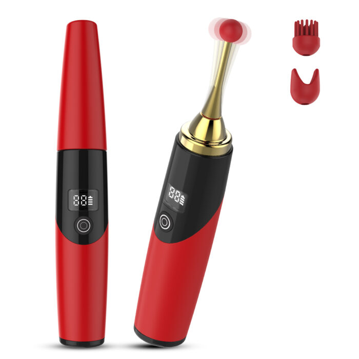 a set of two modern electric toothbrushes in red and black colors. One toothbrush features a digital display and a detachable head. The additional attachments include a brush head and a U-shaped head. The design is sleek and intended for advanced oral care, promoting thorough cleaning and gum massage.