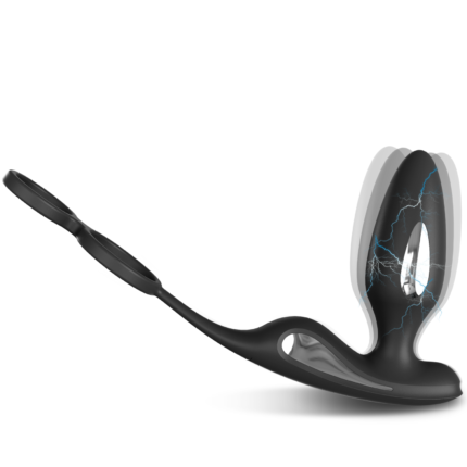 A black vibrating prostate massager with an ergonomic design, featuring a unique open-ended structure. The image shows the toy with lightning-like blue lines, suggesting its vibrating function. It has a handle for easy insertion and removal, ensuring comfort and safety during use.