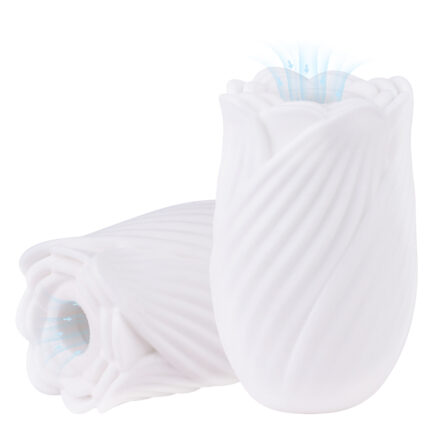 A white rose-shaped sex toy designed for clitoral stimulation. The toy features gentle ribbed textures and a suction function to enhance pleasure, mimicking the appearance of a delicate flower.