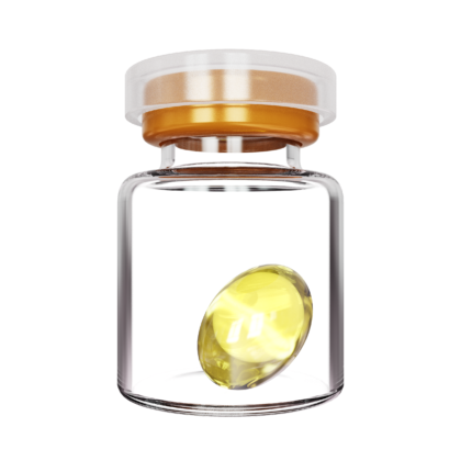 a clear bottle with a gold-colored cap, containing a single yellow capsule inside. The bottle has a simple and modern design, allowing a clear view of the capsule inside, emphasizing a clean and high-quality appearance. The gold cap adds a touch of luxury, making it suitable for packaging health supplements or pharmaceuticals. The overall design looks refined and professional, conveying a sense of trust and safety.