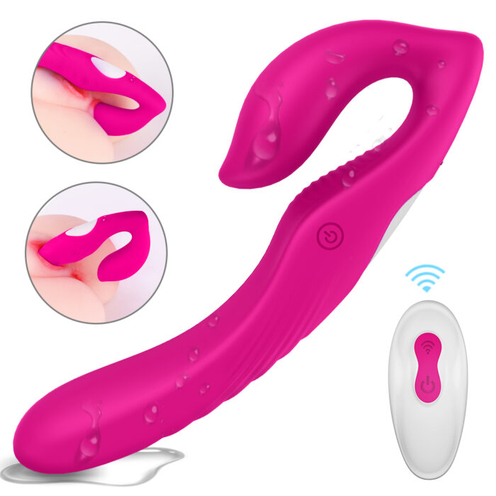 This image features a pink dual-ended vibrator designed for female pleasure. The device has a unique shape, with one end designed for G-spot stimulation and the other for clitoral stimulation. It comes with a wireless remote control for easy operation, allowing the user to switch between different vibration modes for a customized experience.