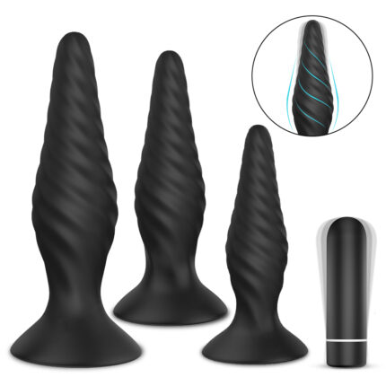 The image displays three black silicone butt plugs of varying sizes, each designed with a spiral texture for added stimulation. Accompanying the set is a small bullet vibrator, which can be used independently or in conjunction with the plugs to enhance the experience. The spiral design is shown in detail in an inset, highlighting its functionality.