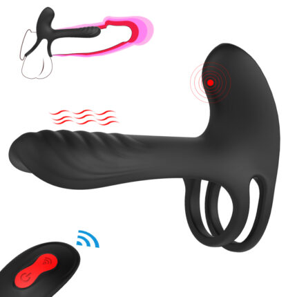 This image features a black silicone sex toy designed for men. The toy includes various functionalities such as vibration and remote control operation. It is shaped to fit around the penis and testicles, providing stimulation through different modes.