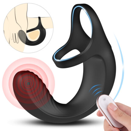 This image shows a black male sexual wellness device designed for stimulating the penis and perineum. The device features a curved shape to fit comfortably around the penis and has a ring for added support. It comes with a remote control to adjust the vibration settings. The illustration indicates the areas targeted for stimulation and how the device is worn.