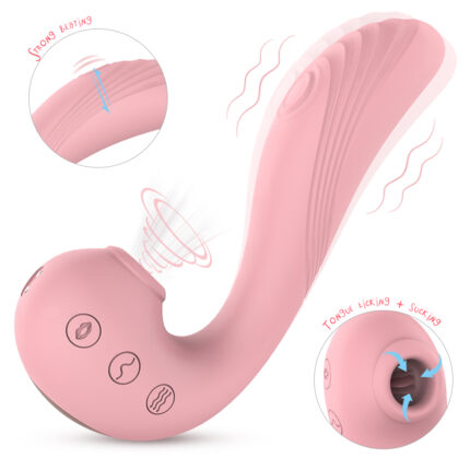 This image features a pink G-spot vibrator designed for female pleasure. The vibrator has a curved shape with textured ridges for enhanced stimulation. It includes multiple buttons for adjusting vibration settings, along with a suction feature for added clitoral stimulation.