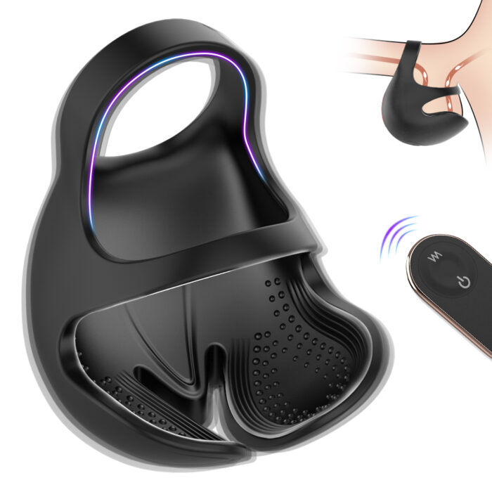 A black vibrating male sex toy designed for perineum and testicle stimulation. The toy has a textured interior, an ergonomic shape for comfort, and includes a wireless remote control for easy use. An illustration shows its placement during use.