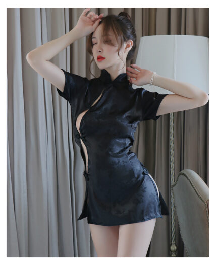 A woman in a black sheer qipao dress with a traditional collar and modern cuts