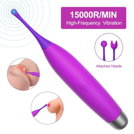 a purple high-frequency vibration massager with a sleek, elongated design. It operates at 15000 revolutions per minute (R/min). The massager comes with interchangeable heads for varied usage, as depicted in the smaller images, which illustrate its application for nipple and clitoral stimulation. The device is designed for targeted and intense vibration, enhancing pleasure and relaxation.