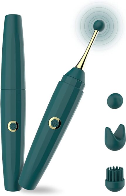 a green personal massager with a sleek design. It features a gold-colored tip for precision massage. Included in the image are three different attachment heads designed for varied massage experiences. The attachments appear to be made of soft material for comfort and effective use. This device is likely intended for targeted muscle relief and relaxation.