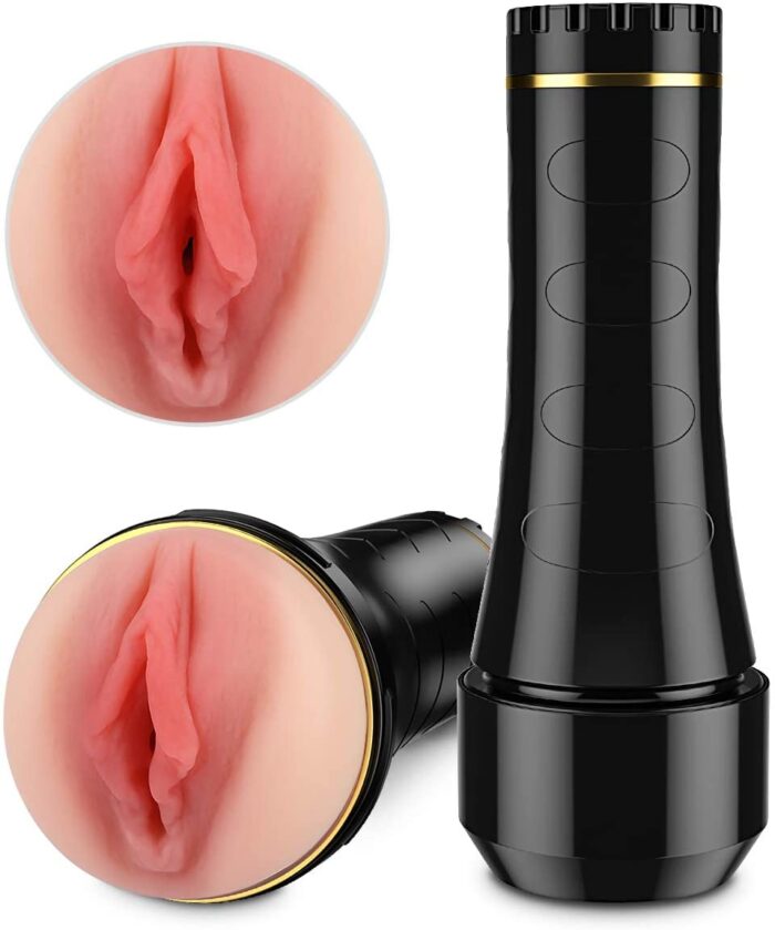 a black-colored, handheld masturbation device designed to resemble a vagina. The device features a textured sleeve inside a hard casing, providing a realistic feel. It's intended for personal use to enhance solo sexual experiences.