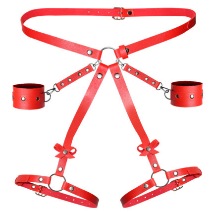 a red leather bondage harness set designed for BDSM play. The set includes straps that wrap around the waist and connect to cuffs for the wrists and ankles, secured with metal rings and studs. This harness is adjustable for a customizable fit and features decorative elements, enhancing both aesthetic appeal and functional restraint.