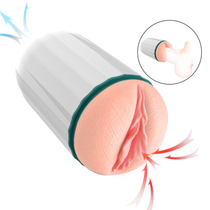 a male masturbator with a realistic vaginal design. The device is designed to mimic the texture and feel of human skin, providing a lifelike experience. The cutaway section illustrates the interior texture and airflow design, enhancing the overall sensation during use.