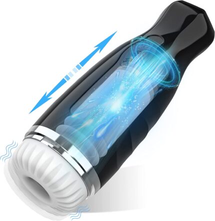 a black and silver automatic male masturbator with a translucent body. The device has a textured white sleeve and features internal blue lighting. It also indicates the ability to thrust and vibrate for enhanced pleasure.