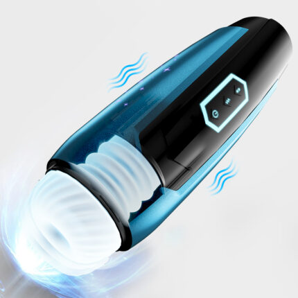 a sleek, black and blue, automated male masturbator. The device has a white, textured sleeve and displays vibration indicators. It's designed for pleasure and convenience with easy-to-use controls.