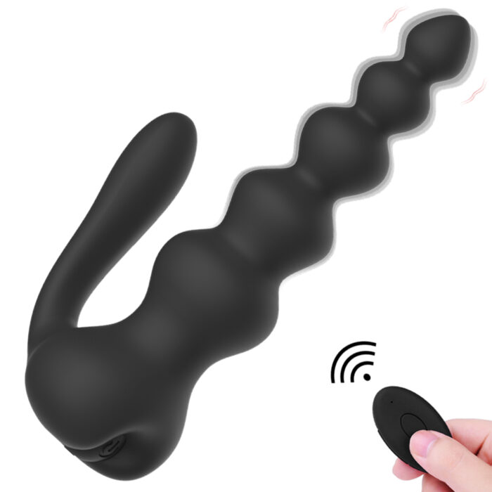 a black, segmented, vibrating anal plug with an ergonomic design. The toy has multiple bulbous sections along its length for enhanced stimulation and a curved handle for easy insertion and removal. The device includes a remote control, allowing for convenient and hands-free operation, making it suitable for solo or partnered use.