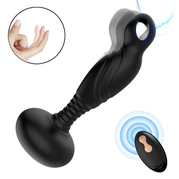 a black silicone anal plug with a sleek, ergonomic design. The plug has a bulbous base for secure placement and a tapered shaft for comfortable insertion. It includes a remote control for vibration settings, enhancing the user experience. An inset image shows a hand holding the plug, demonstrating its flexibility and soft texture. This product is designed for both beginners and experienced users, offering a blend of safety, comfort, and pleasure.