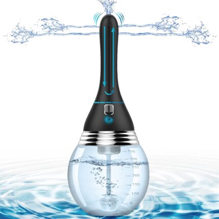 an enema bulb designed for cleansing purposes. The device has a transparent bulb at the bottom that holds the liquid, marked with measurement indicators for precise usage. Above the bulb is a long, black nozzle with a blue line indicating the flow direction. The nozzle is slender and ergonomically designed for comfortable insertion. The image also suggests that the device is water-resistant, and likely easy to clean and maintain, emphasizing hygiene and convenience.