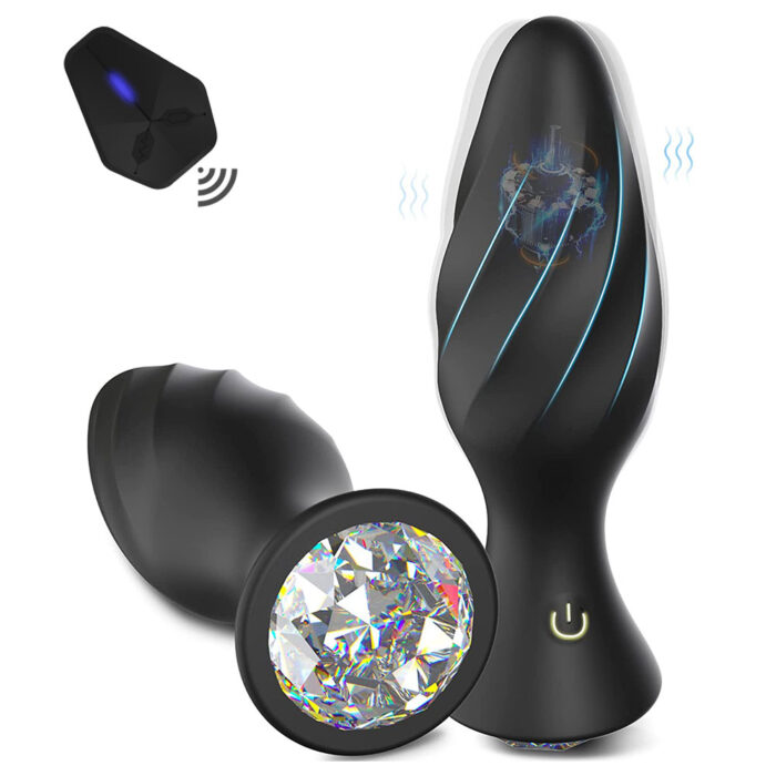 a black and purple butt plug with an ergonomic design. The plug features a tapered tip for easy insertion, a bulbous body for added sensation, and a flared base for safety. The illustration includes arrows indicating that the plug can expand by 1 cm in diameter. The device also comes with a remote control, suggesting that it has adjustable vibration settings for enhanced stimulation. This type of product is typically used for anal play and is designed to provide pleasurable sensations.