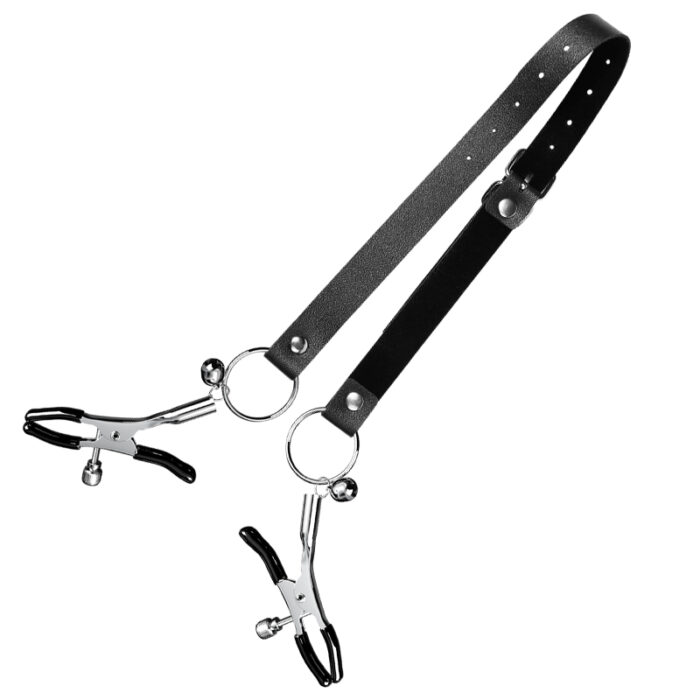 a black leather strap with metal rings and adjustable clamps. The clamps are designed for use on the nipples, providing adjustable pressure for enhanced sensation. The leather strap includes a buckle for size adjustment, ensuring a comfortable and secure fit. This accessory is intended for use in BDSM activities, offering both aesthetic appeal and functional stimulation.