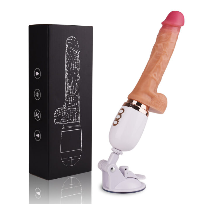 a realistic vibrating dildo with a flesh-like texture, detailed veins, and a pink tip. It is mounted on a white adjustable base with suction capabilities for hands-free use. The device also has a control panel on the base for adjusting the vibration settings. The product comes in a sleek black box, which likely includes the device and its accessories, enhancing the overall presentation and usability.