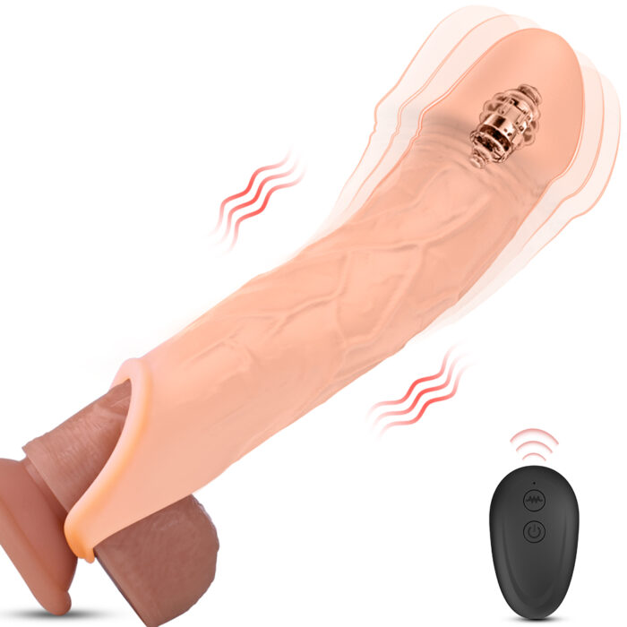 a realistic-looking vibrating dildo with a flesh-like texture. It has visible veins and a suction cup base for hands-free use. The device comes with a remote control for adjusting the vibration settings, enhancing the user's experience. The overall design emphasizes realism and functionality, providing an intimate toy that mimics the look and feel of an actual penis.