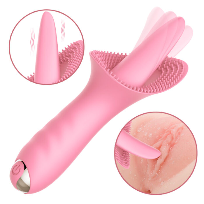 a pink silicone vibrator designed for intimate stimulation. The device has a textured base with soft bristles for additional sensation. It includes a tapered, flexible head that moves in a back-and-forth motion, as depicted in the insets. The power button is located at the bottom of the handle for easy control. The image also shows a close-up of the device in use, highlighting its function and design.