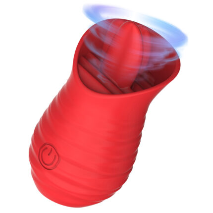 a red handheld vibrator designed for intimate use. The device has a textured surface for enhanced grip and features a narrow opening at the top, where the vibrating mechanism is located. The power button is prominently displayed on the front for easy access. The vibrator is shown with a blue swirling effect, indicating its powerful vibrating function.