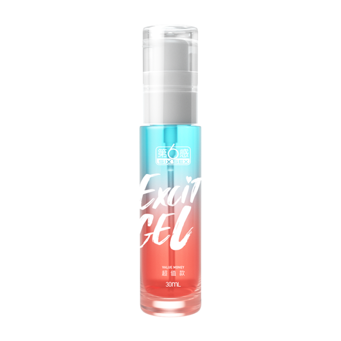 an Excit Gel product with a modern and stylish design. The bottle is transparent, with a white spray top, and transitions from blue to red from the middle to the bottom, giving it a high-end and appealing look. The bottle is labeled with the brand name and product information, and the overall design is simple yet visually striking. This product is suitable for users who value effectiveness and attractive packaging.