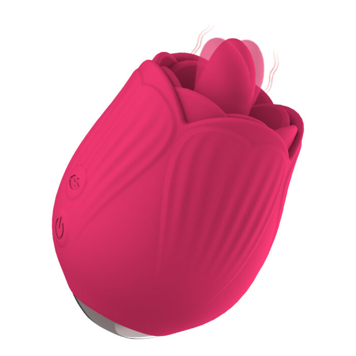 a rose-shaped vibrator in a vibrant pink color. The device is designed for intimate stimulation, with petal-like structures at the top that provide various vibration modes. The smooth silicone surface and ergonomic design emphasize comfort and functionality.