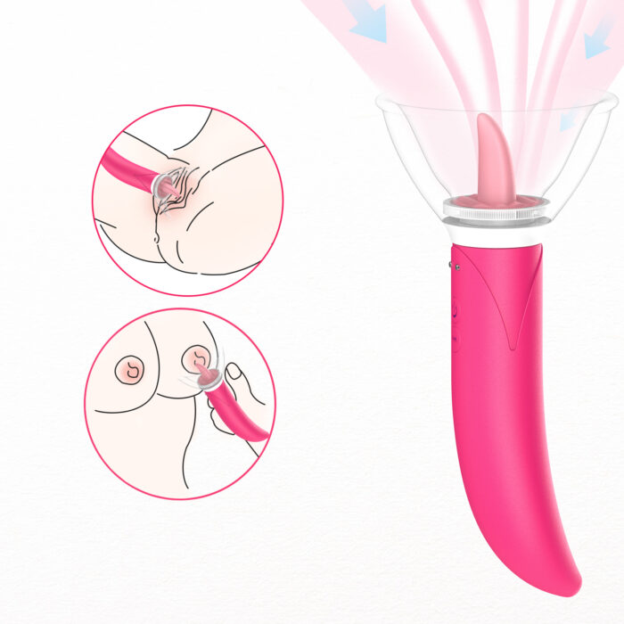 a pink silicone vibrator with a suction cup attachment at the top. The device is designed for intimate stimulation, with illustrations showing its use on various body parts. The visual highlights demonstrate the suction and vibration capabilities, emphasizing its functionality and versatility.