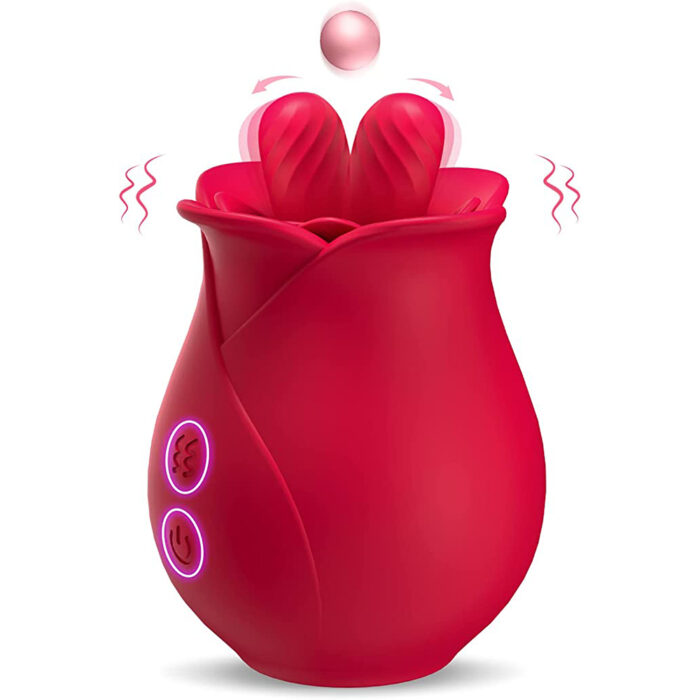 a red rose-shaped silicone vibrator. The device is designed for intimate stimulation, with dual tongue-like protrusions at the top for enhanced sensory experience. The buttons on the front allow for multiple vibration modes and intensities, providing customizable pleasure. The visual effects highlight the vibrating and rotating functions of the device.