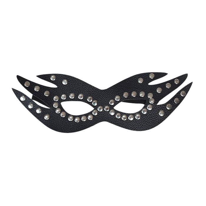 a black masquerade mask adorned with silver studs. The design includes sharp, flame-like edges around the eyes, adding a dramatic and mysterious flair. Perfect for costume parties or enhancing an alluring outfit.