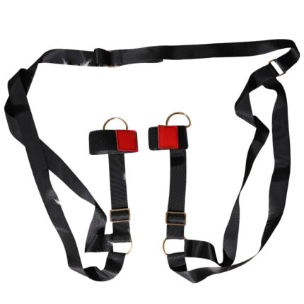 a black adjustable bondage strap set with red padding and metal rings. The set is designed for BDSM activities, providing comfortable and secure restraint for enhanced intimate experiences.