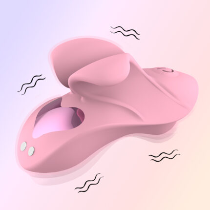 a pink, butterfly-shaped vibrating adult toy with multiple vibration patterns, designed for intimate use. The toy has a sleek, ergonomic design and is presented against a pastel background.