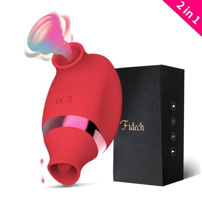 This image features a red 2-in-1 suction vibrator with a sleek design, perfect for clitoral stimulation. The device is presented alongside its black box packaging, which is labeled "Fidech." The vibrator has a control panel with buttons for easy use and an attachment that provides varied suction patterns.