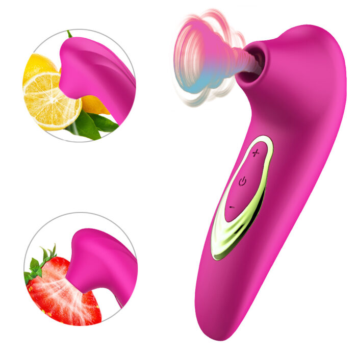 This image features a pink suction vibrator designed for clitoral stimulation. The device has a sleek, ergonomic shape with a control button on the side. It is shown with images of lemon and strawberry, suggesting that it offers a variety of sensations or flavors.