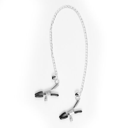 a pair of nipple clamps connected by a silver chain. The clamps are designed to provide adjustable pressure for enhanced stimulation. They are equipped with rubber tips to ensure comfort and prevent slipping. The chain adds an element of visual and physical appeal, making it suitable for those interested in BDSM play.