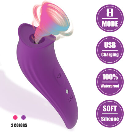 a purple vibrator with 8 modes, USB charging, 100% waterproof, and made of soft silicone.