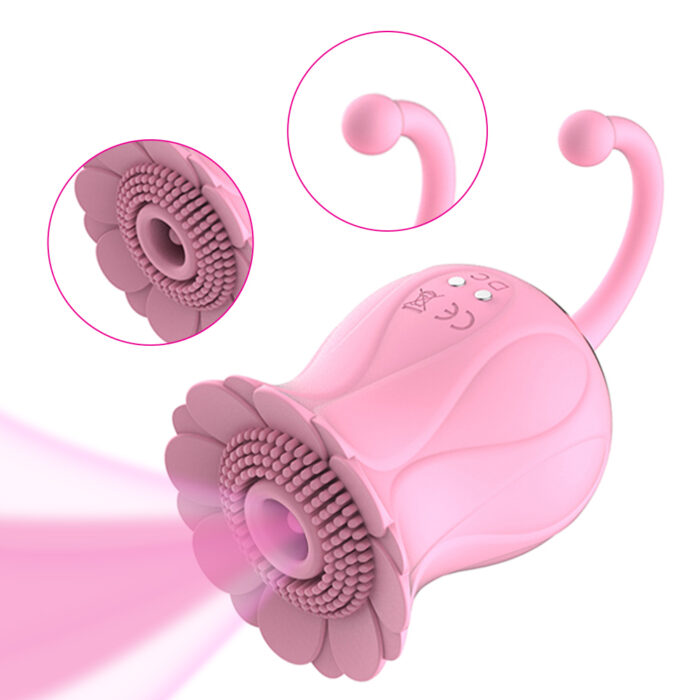 a pink, flower-shaped vibrator with a suction function and a flexible handle designed for intimate pleasure.