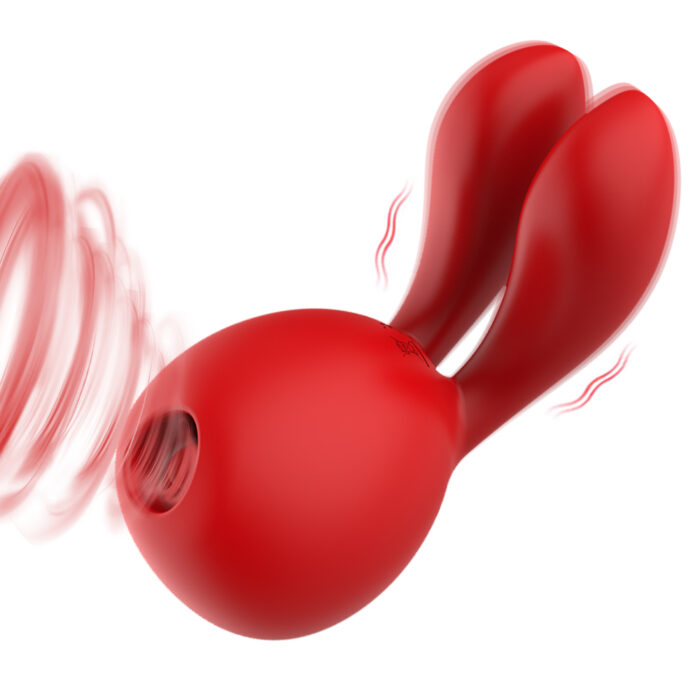 a red, rabbit-shaped vibrator designed for intimate pleasure, equipped with a suction function and vibrating ears.