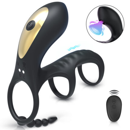 a black vibrating cock ring with a gold accent and dual rings for added support. It includes a clitoral stimulator and a remote control for ease of use. An inset demonstrates the device in use, showing how it enhances pleasure during intimate activities.